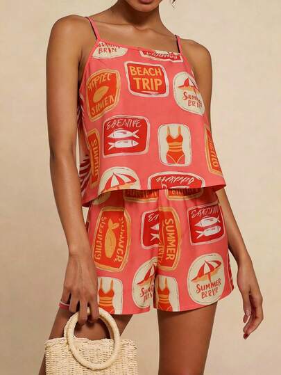 Travachic Women's Letter & Fish Print Camisole And Shorts Casual 2 Pieces Set