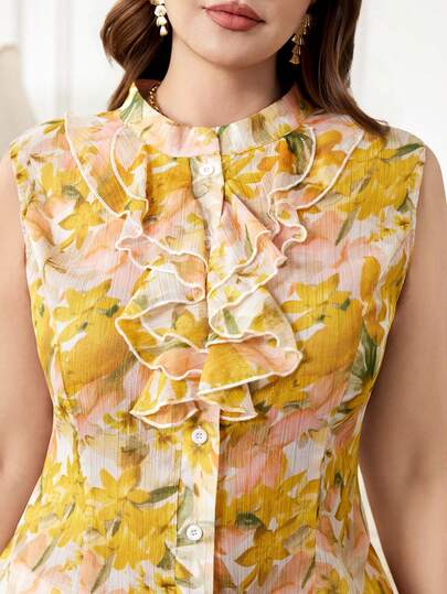Reflora Plus Size Elegant Floral Print Ruffle Hem Sleeveless Blouse, Summer Yellow Summer Top Floral Top Flower Top Floral Blouses For Women Flower Tops Women