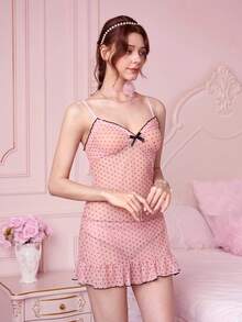 2件套波点睡裙性感女士薄纱网眼内衣吊带裙套装（含内裤） - 粉色 - 查看 5