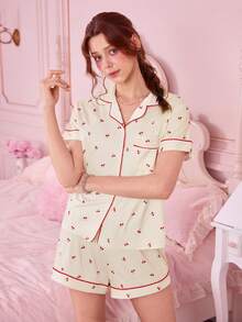 Bonmuse 2件組櫻桃印花女款居家服套裝，短袖翻領開襟上衣 & 寬鬆鬆緊腰短褲，休閒睡衣套裝 & 春夏居家穿搭 - 米色 - 查看 6