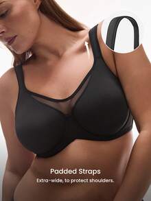LUVLETTE Plus Woman Lingerie Full Coverage Support&Breathable Underwire Sexy Unlined Black Mesh No-Show Seamless Invisible Minimizer Bra - Black - View 4