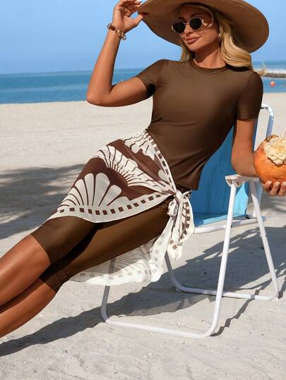 Swim Shayni 3件套女士短袖布基尼套装（短袖上衣+短裤+印花薄纱裙）