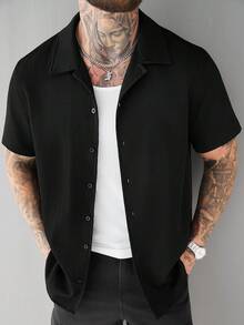 SLATEMANN 男士纯色纹理短袖休闲衬衫，夏季 - 黑色 - 查看 1