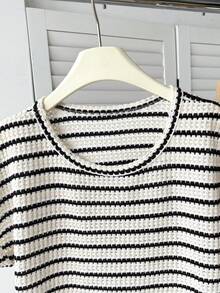 SHEIN 2pcs/Set Tween Girls Asymmetric Textured Striped Cropped Camisole Top And Shorts Set, Casual Vacation Home Y2K Style - Black and White - View 3