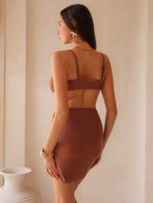 Swim Oasis-D Women Solid Color Spaghetti Strap Chain Decor V-Neck Top & Triangle Bottoms & Skirt 3 Pieces Swimwear - Coffee Brown - View 3