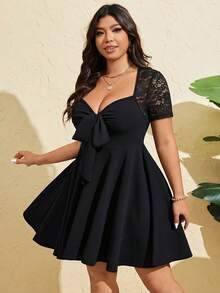 Viva Relle Đầm ôm sát màu đen cỡ lớn, cổ chữ V sâu, tay ren thắt nơ, xẻ tà cao. - màu đen - Xem 2