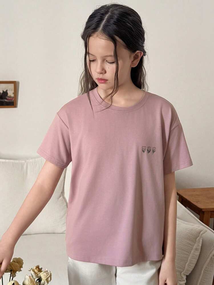 Tween Girls' Casual Floral & Slogan Print Round Neck Short Sleeve T-Shirt, Summer