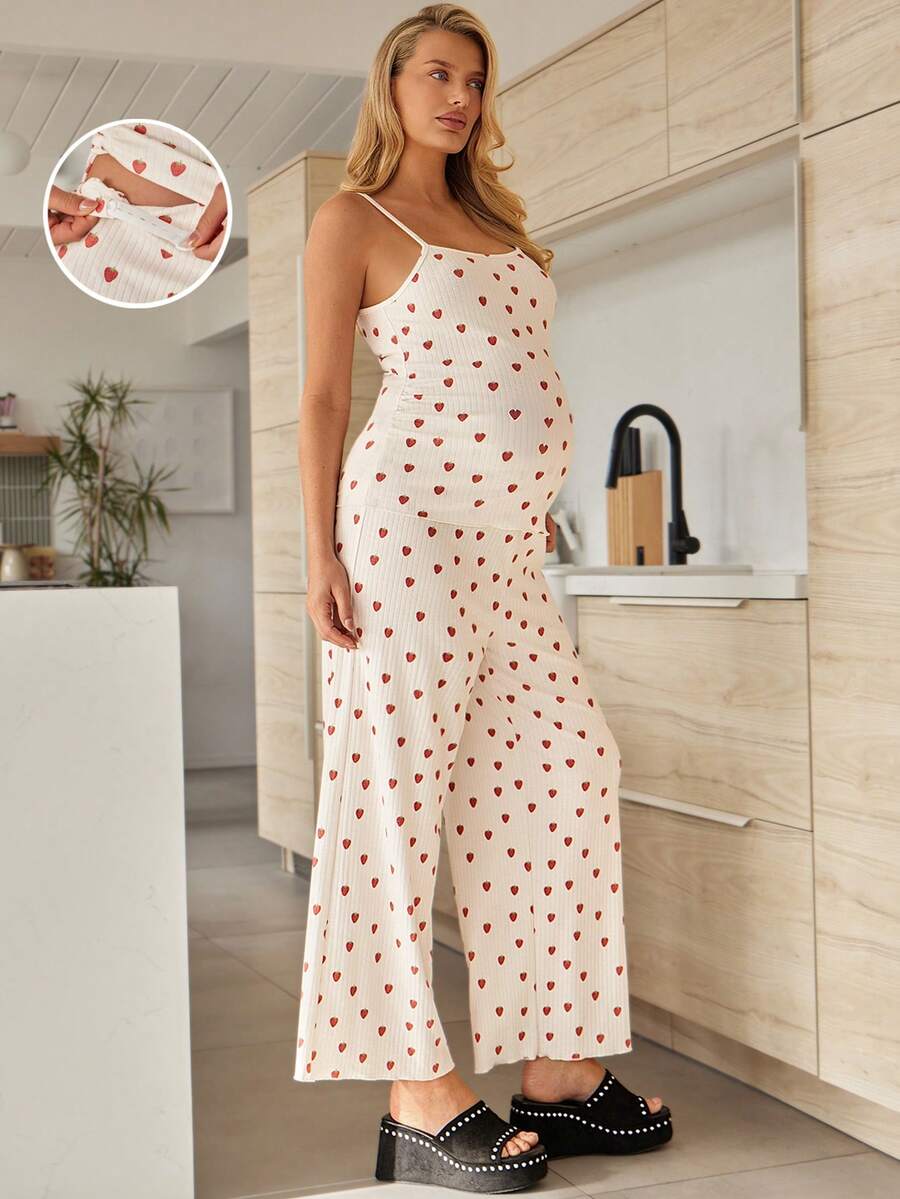 SHEIN 孕妇爱心印花吊带背心和可调节腰围阔腿裤休闲两件套 - 白色 - 查看 1