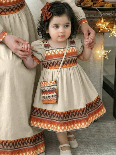 LMoss Kids Baby Girl Vintage Cute Apricot Patchwork Short Sleeve Peter Pan Collar Dress & Bag Set