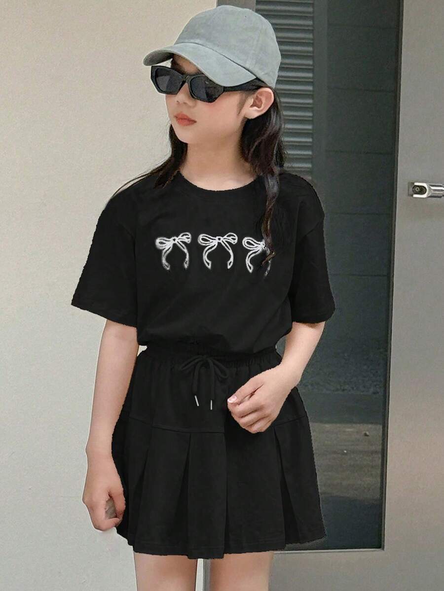 Dazy Kids 少女休闲蝴蝶结印花T恤和裙子套装，夏季 - 黑色 - 查看 1