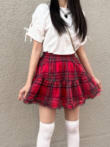 FRIFUL Women's Summer Casual Collegiate Style Patterned Ruffle Hem A-Line Skirt - Red - View 3