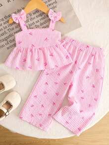 Emery Rose Kids Emery Rose Kids Bộ đồ thể thao thường ngày cho bé gái, thích hợp đi học, nghỉ hè, đi làm, gồm áo hai dây dáng chữ A phối họa tiết, thắt nơ và sọc, kết hợp cùng quần ống rộng cũng phối họa tiết. - Hồng - Xem 2