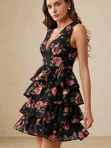 BELROSIE Black And Pink Background Rose Flower Layered Jacquard Silhouette V-Neck Sleeveless Elegant Dress Garden Party Summer - Multicolor - View 6