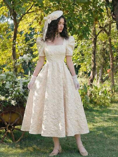 SHEIN MOD Women's Solid Color Square Neck Ruched Elegant Long Sleeve Dress, Spring/Summer Outfit, Valentine's, Women's Carnival Costume, Wedding Guest Dresses, Formal Dress, Palace Style, S, Cottagecore, Baroque Style, Luxurious Court Look,  Jacquard Dress, Luxury Dresses, Perfect For Vacation, Date, Picnic, Party, Prom, Festival, And Birthday