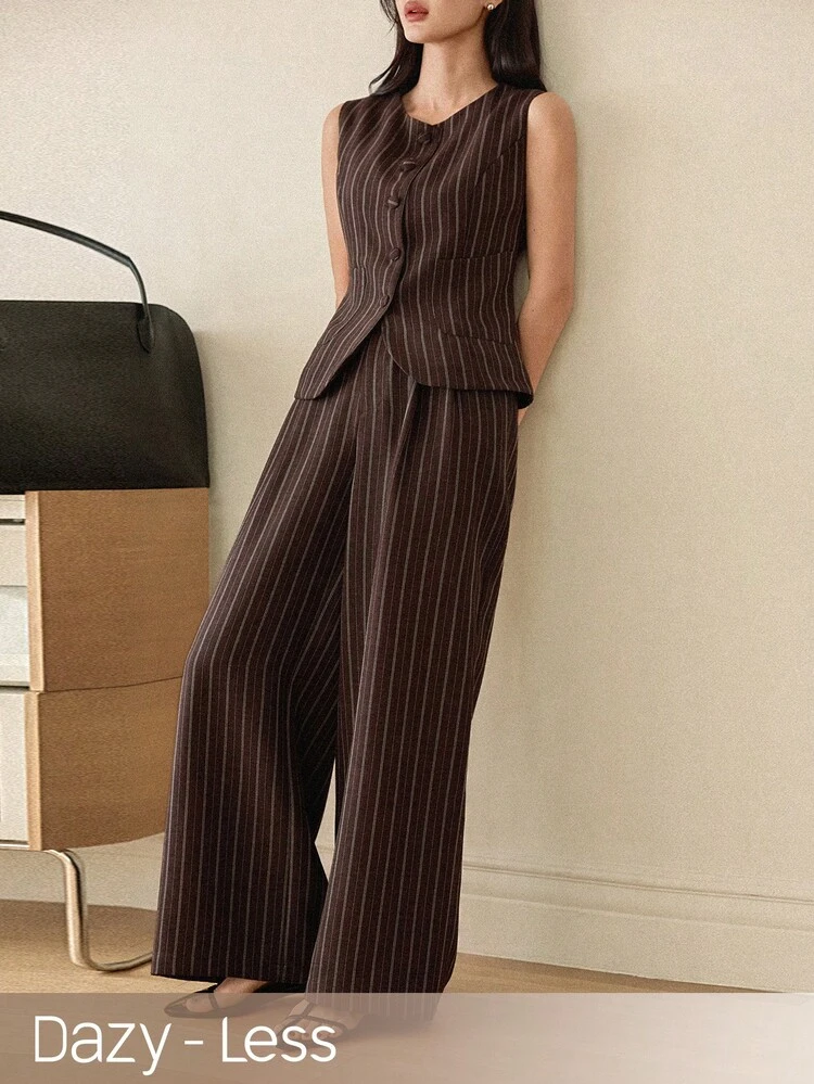 Women's Striped Single-Breasted Vest And Wide-Leg Pants Casual Commuter 2 Pieces Set,Wedding Guest Dress Women Business Casual Woman
