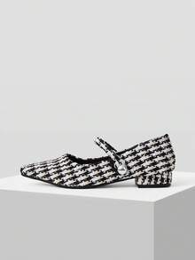 Mnmlis 女士新款灰色法式低跟尖头简约时尚羊毛玛丽珍鞋 - 黑與白 - 查看 8