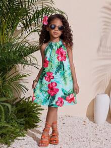 SHEIN 年轻女孩度假休闲时尚编织热带花卉印花吊带连衣裙 - 彩色 - 查看 6