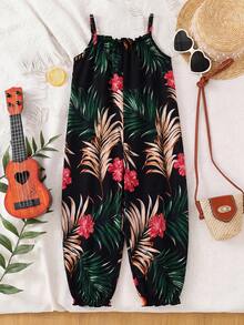 SHEIN Young Girl Vacation Casual Chiffon Ditsy Floral Jumpsuit - Black - View 3
