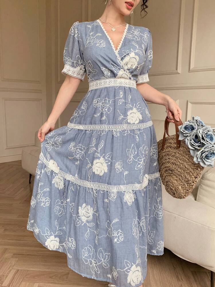 Elegant Embroidered V-Neck Lace Ditsy Floral Dress For Women Sundress