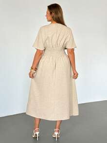 Auralis Plus Size Women's Solid Color Round Neck Batwing Sleeve Cinched Waist Casual Dress, Summer Dresses - Apricot - View 4