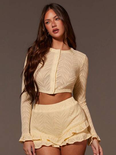 Athîral Women's Vacation Casual Solid Color Ruffle Hem Crop Top And Shorts Set