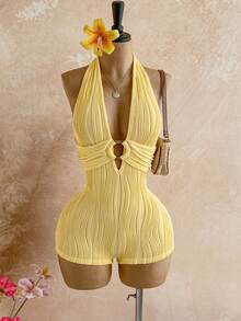 Soleia 女士白色纹理针织露背连体裤，饰有圆形圆环，优雅性感，适合万圣节、圣诞节、度假等场合。 - 鵝黃色 - 查看 3