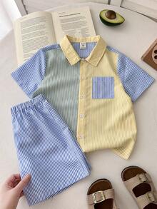 SHEIN 男童夏季休闲撞色条纹衬衫短裤套装 - 彩色 - 查看 3