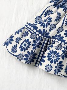 SHEIN 女婴碎花荷叶边吊带连衣裙 - 藍白色 - 查看 4