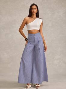 RueChic Women's Casual Commuting High Waist Pleated Wide Leg Pants - Blue and White - View 5