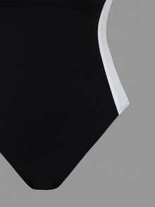 Swim SPRTY 女士新款黑色连体泳衣，白色侧边拼接，时尚运动风露背显瘦沙滩度假连体泳衣 - 黑與白 - 查看 10