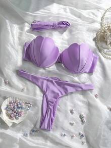 Swim Mod 花瓣拼接硬杯可拆卸肩带纯色性感两件式泳衣 - 紫色 - 查看 7