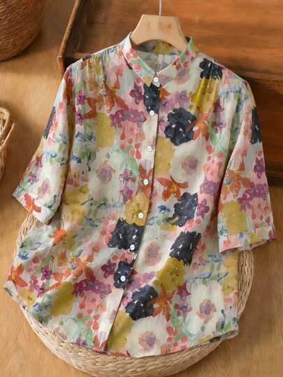 EMERY ROSE 2026 Camisa Casual Simples e Versátil com Estampa, Moda Primavera Plus Size para Mulheres. Top Plus Size Adequada para Uso na Primavera.