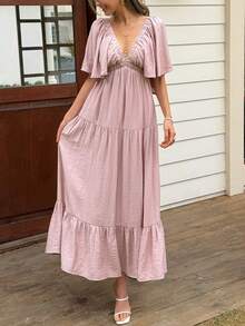 Livesso Đầm maxi tay cánh hoa màu trơn, dáng dài đến đầu gối, thắt eo, dành cho nữ. - Hồng - Xem 7