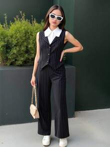 Conjunto de top y pantalones de traje con cuello de contraste, elegante y urbano para adolescentes y estudiantes universitarias - Gris - Ver 5