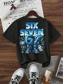 SHEIN 春夏休闲时尚创意个性清新简约数字67机械闪电标语印花基础款短袖T恤，舒适日常穿着，温暖的夏秋款式，适合春、夏、秋季穿着，男童款 - 黑色 - 查看 5