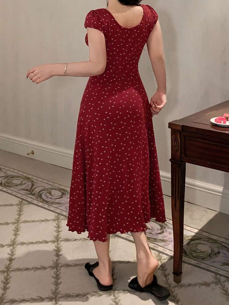 Dazy Plus Ditsy Floral Ruffle Hem Waist Cinched Long Sexy Red Nightgown For New Year