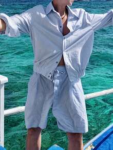 DAZY 蓝色条纹长袖上衣搭配短裤和男士外套，春夏穿搭 - 藍色 - 查看 1