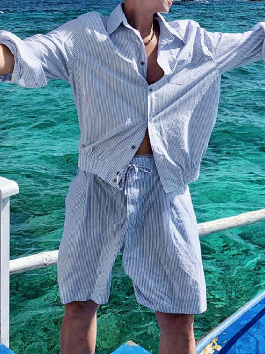 DAZY 蓝色条纹长袖上衣搭配短裤和男士外套，春夏穿搭 - 藍色 - 查看 1