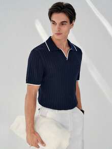 Manfinity Mode 男士休闲撞色包边V领短袖针织衫，适合夏季度假、日常穿着和通勤。男士针织衫，男士休闲上衣，男士Polo衫，男士针织Polo衫，男士夏季服装 - 藏蓝色 - 查看 5