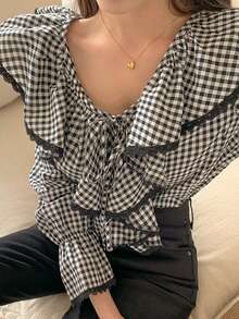 DAZY 少女春秋季法式优雅度假风印花荷叶边袖结饰领衬衫 - 黑色 - 查看 10