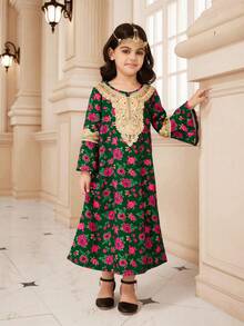 女童碎花连衣裙，金色领花，喇叭袖，金色饰边丝带 - 墨綠色 - 查看 7