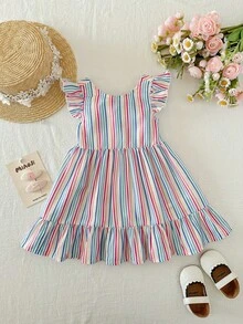 SHEIN Baby Girl Colorful Striped Bow Tie Flare Sleeve Casual Vacation Dress Open Back Baby Dress Baby Girl Dress Little Girls Dress Summer Rainbow Toddler Dress Striped Toddler Dress - Multicolor - View 7