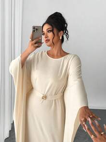 Elenzga Plus Size Women's White Autumn Modest Crinkle Elegant Office Middle Eastern Round Neck Cinched Waist Batwing Sleeve Abaya Maxi Dress - Apricot - View 3
