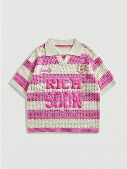 ROMWE MEN Men's Contrast Color Striped Letter Embroidery Hollow Out Knit Sweater