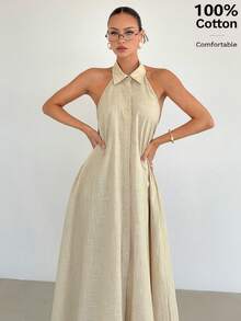 Siren Gaze 女士纯色宽松衬衫裙，无袖，不对称肩部设计，前开襟纽扣衬衫裙，休闲连衣裙，适合度假穿着 - 杏色 - 查看 6