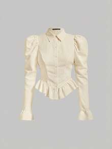 SHEIN MOD Flare Sleeve Ruffle Hem Petal Sleeve White Waisted Blouse - Apricot - View 2