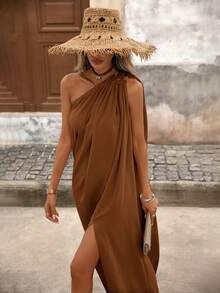 Brillora 女士度假纯色梭织开衩连衣裙 - 鏽棕色 - 查看 7