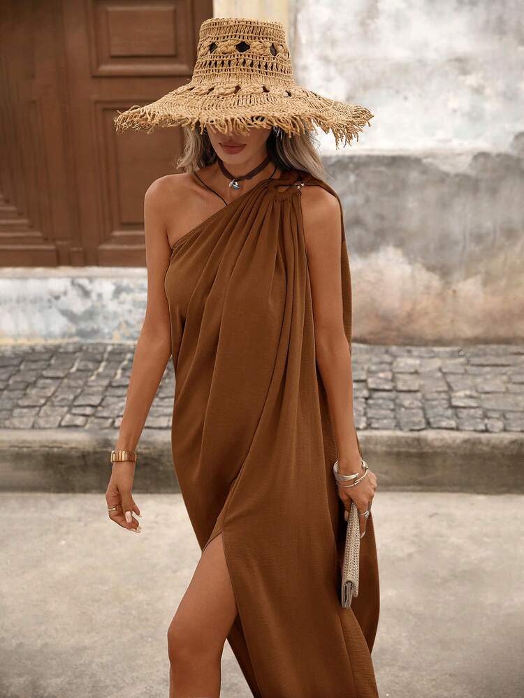 Brillora Vestido Fendido Tecido de Cor Sólida para Férias - Marrom - Visão 7