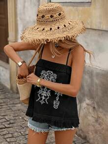Brillora Women's Vacation Casual Retro Embroidered Camisole - Black - View 5