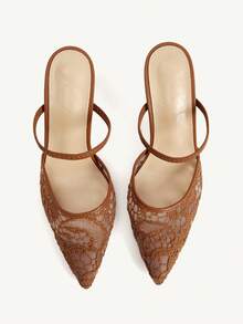 CUCCOO CHICEST 女士鞋履春夏新款网纱刺绣尖头细跟高跟鞋优雅性感网纱女式高跟鞋粘跟脚带包头高跟拖鞋优雅性感下午茶派对 Hunliji 百搭服饰 - 棕色 - 查看 2